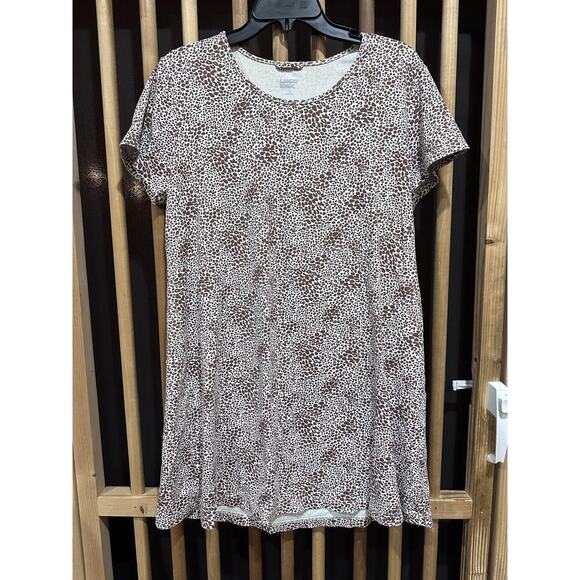 Lands' End Dress Womens Size L Brown White Animal Print Short Sleeve Knit A-Line - Picture 1 of 7